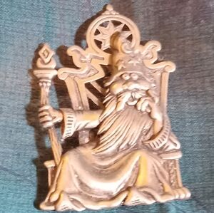 Comical Wizard on his Throne with Staff Vintage Pewter Brooch Lapel Pin Signed